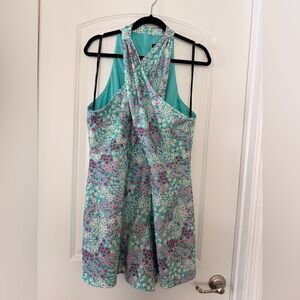 BCBG Paris Floral Halter Romper Sleeveless Crossover Neckline Teal Blue Purple